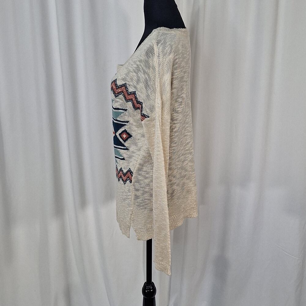Pink Rose Women's Sweater XL Beige Southwestern Aztec Lightweight Knit Boho Top - Picture 2 of 13